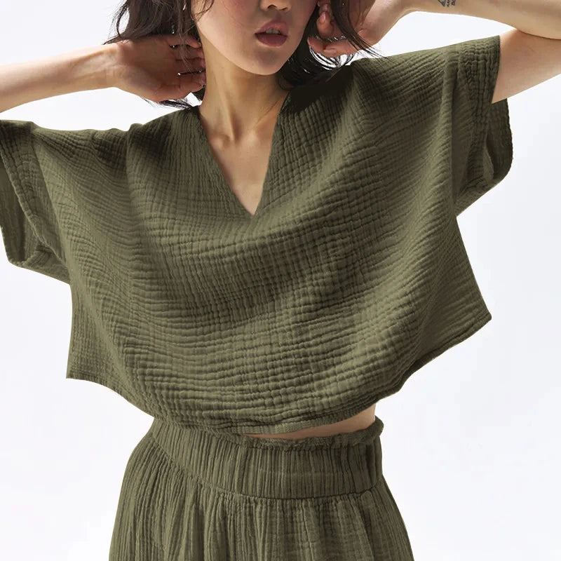 قميص نسائي أنيق من القطن بنسبة 100%، تي شيرت مثير برقبة على شكل حرف V وأكمام قصيرة، قميص فضفاض غير رسمي من الشاش، ملابس الشارع، Ropa Mujer Camisetas