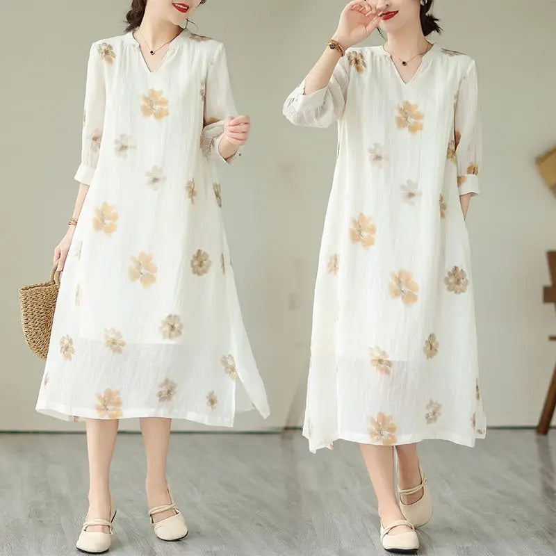 Elegant V-Neck Spliced Pockets Printed Vintage Dress Women's Clothing 2025 Summer New Loose Commuter Ladies Dresses