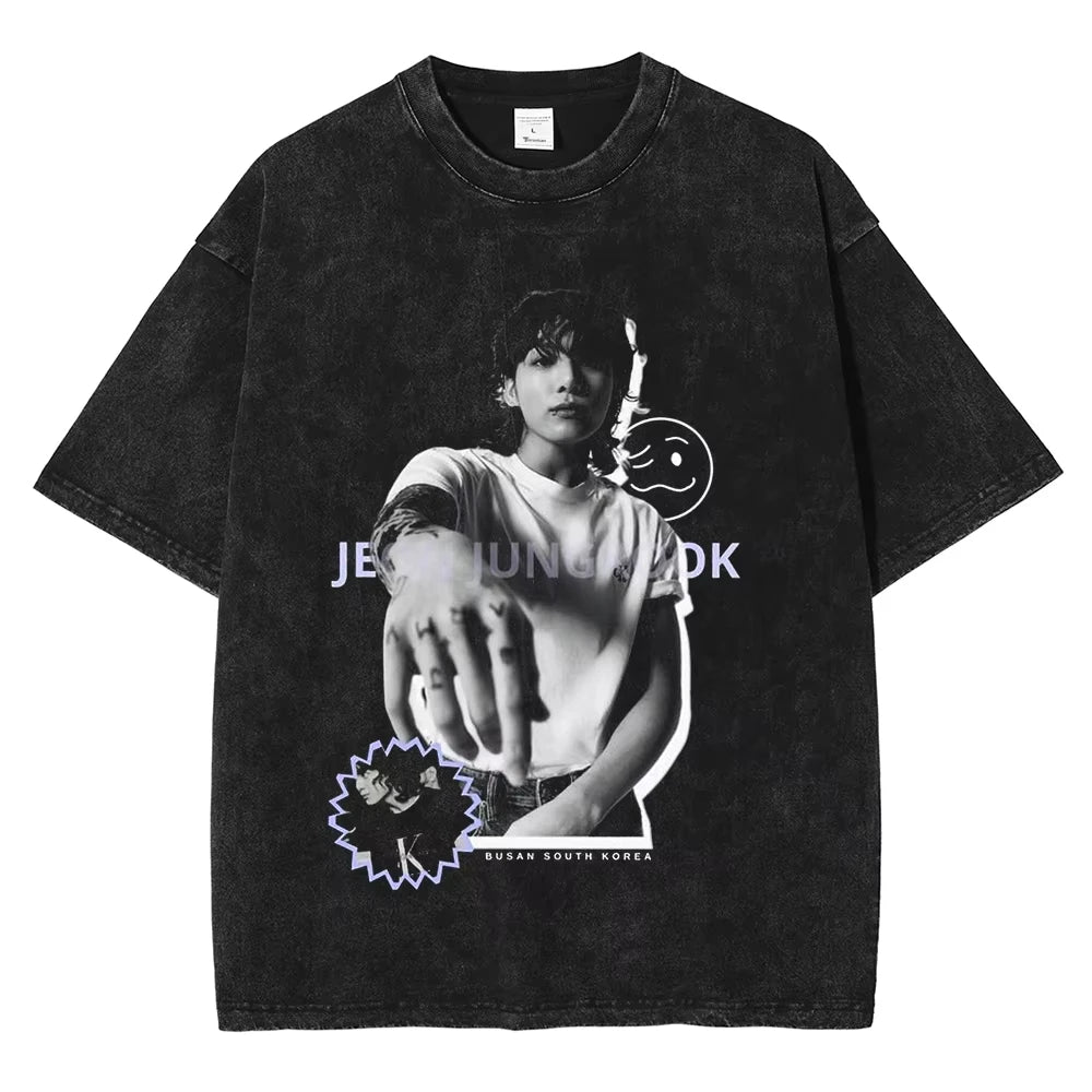 تي شيرت رجالي ونسائي بأكمام قصيرة بتصميم قوطي من Streetwear Golden Moments Jungkooks Hip Hop Washed Vintage T-Shirt مقاس كبير بأكمام قصيرة من القطن للجنسين