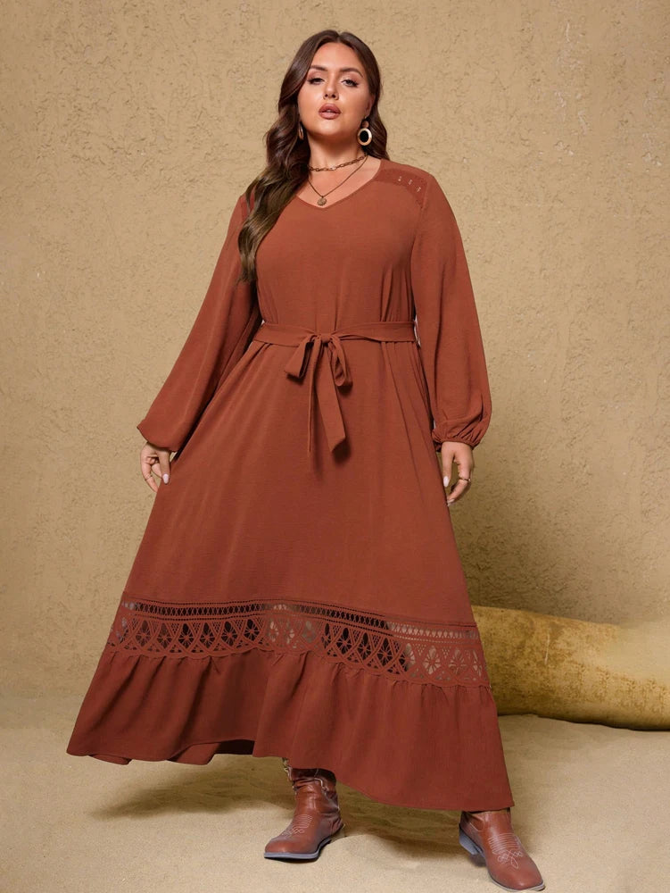 Plus Size Women's 2025 New Brown V-neck Fashion Casual Dresses Belt Lace Long Elegant Casual Dignity Party