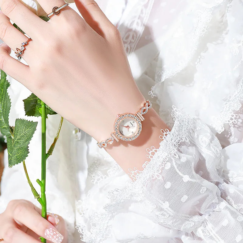 ساعة يد نسائية أنيقة مرصعة بأحجار الراين، مزودة بسوار، تعمل بحركة كوارتز، ساعة حائط.