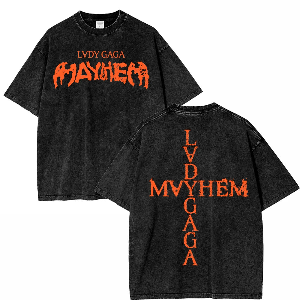 تي شيرت كلاسيكي مغسول من ليدي غاغا، جولة مايهم بول 2025، أزياء رجالية/نسائية، جودة عالية، غسيل حمضي، قطن 100%