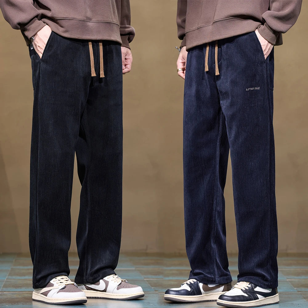 Soft Corduroy Men's Casual Pants Autumn New Elastic Waist Loose Straight Black Gray Trousers Comfortable Fashion Male Clothes