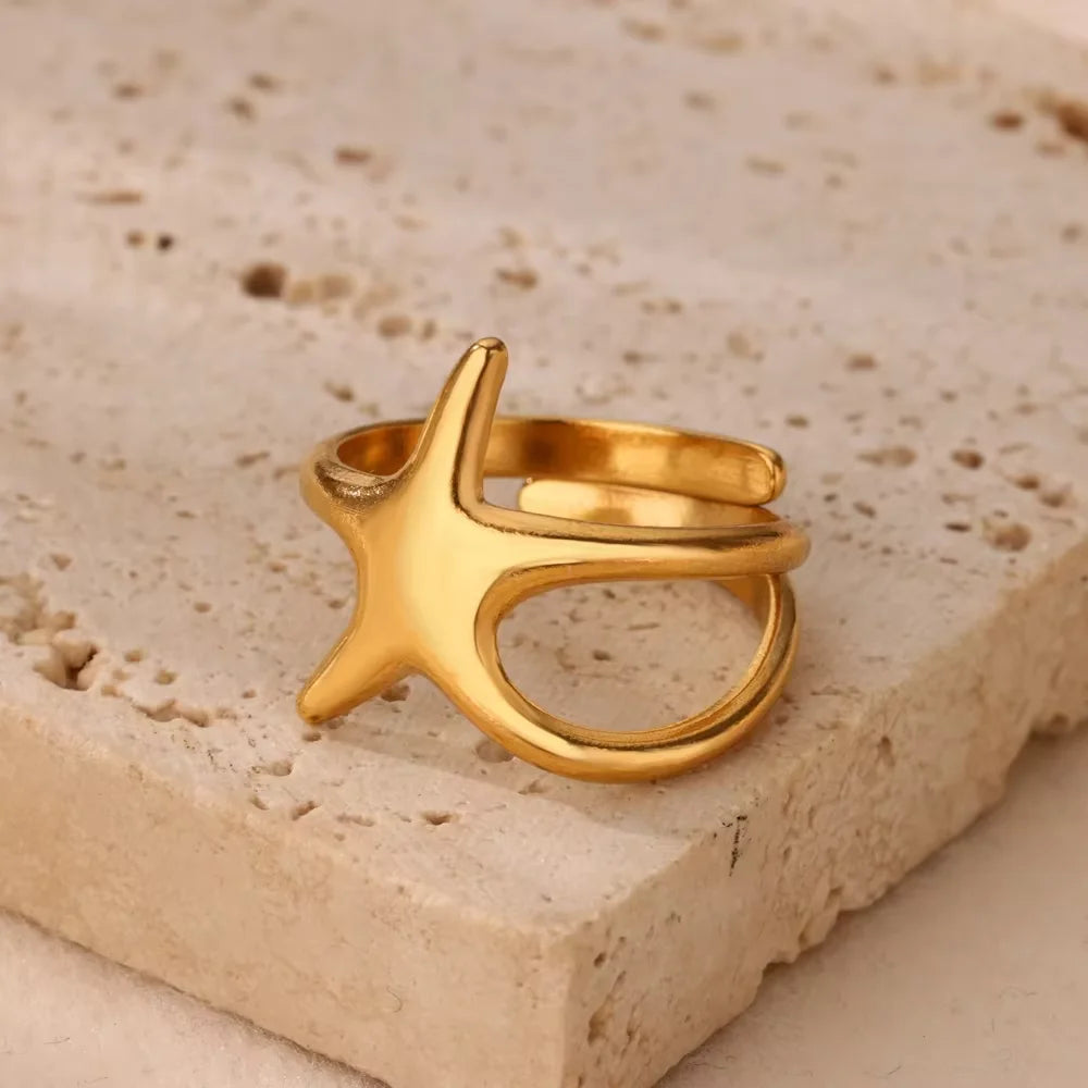 Elegant Stainless Steel Big Bloom Flower Rings For Women Gold Color Sun Starfish Open Ring Finger Jewelry Wedding Her Gift Punk