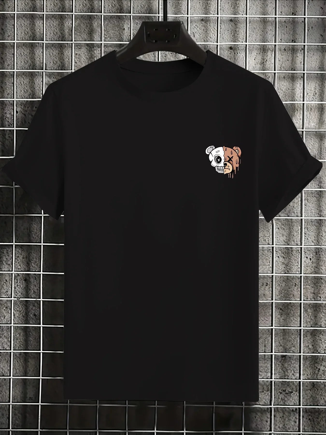 Men's summer 100% pure cotton fashionable casual sports loose cartoon bear pattern print round neck short sleeved T-shirt top