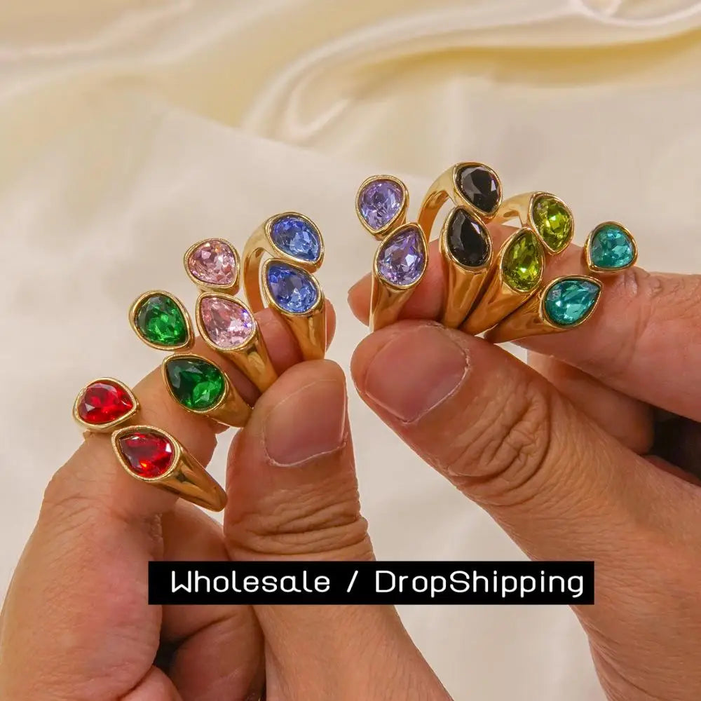 خواتم كارليدانا الفاخرة المفتوحة من التيتانيوم والفولاذ والزركونيا للنساء، مطلية بالذهب عيار 14 قيراطًا، مصنوعة من الفولاذ المقاوم للصدأ، على شكل قطرة ماء مرصعة بالزركون.