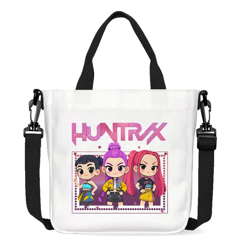 حقيبة قماشية للفتيات بتصميم صيادي أنمي شياطين من كيبوب، حقيبة يد مربعة أرجوانية بسيطة، حقيبة كتف متقاطعة، هدية عيد ميلاد