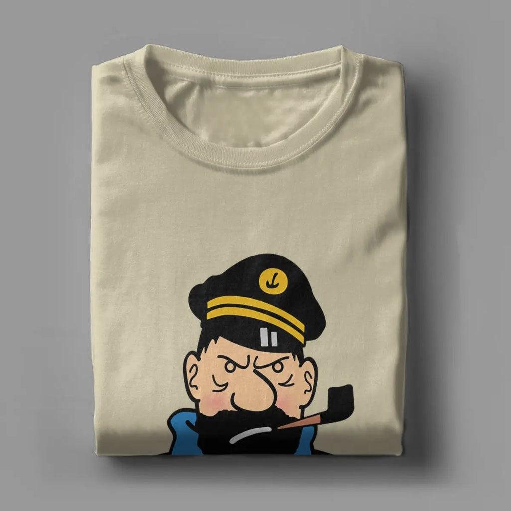 تي شيرت رجالي كابتن هادوك برسومات كرتونية رائعة بأكمام قصيرة ورقبة دائرية من القطن الخالص، ملابس بمقاسات كبيرة