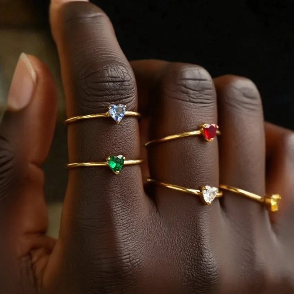 خواتم زركون على شكل قلب مرصعة بحجر الميلاد للنساء، لون ذهبي، قابلة للتعديل، مصنوعة من الفولاذ المقاوم للصدأ، خاتم على شكل قلب مرصع بحجر الميلاد، هدية مجوهرات زفاف، هدية للصديقة المقربة