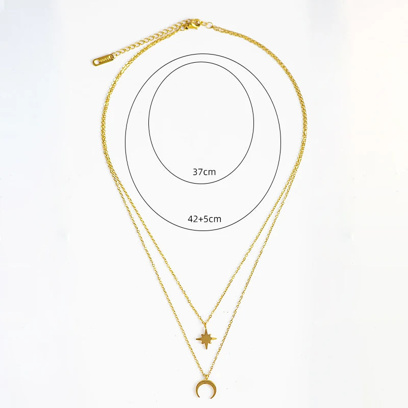 قلادة متعددة الطبقات على شكل نجمة قمرية للنساء والفتيات، قلادات كنزة مطلية بالذهب، مصنوعة من الفولاذ المقاوم للصدأ، مجوهرات عصرية، هدية