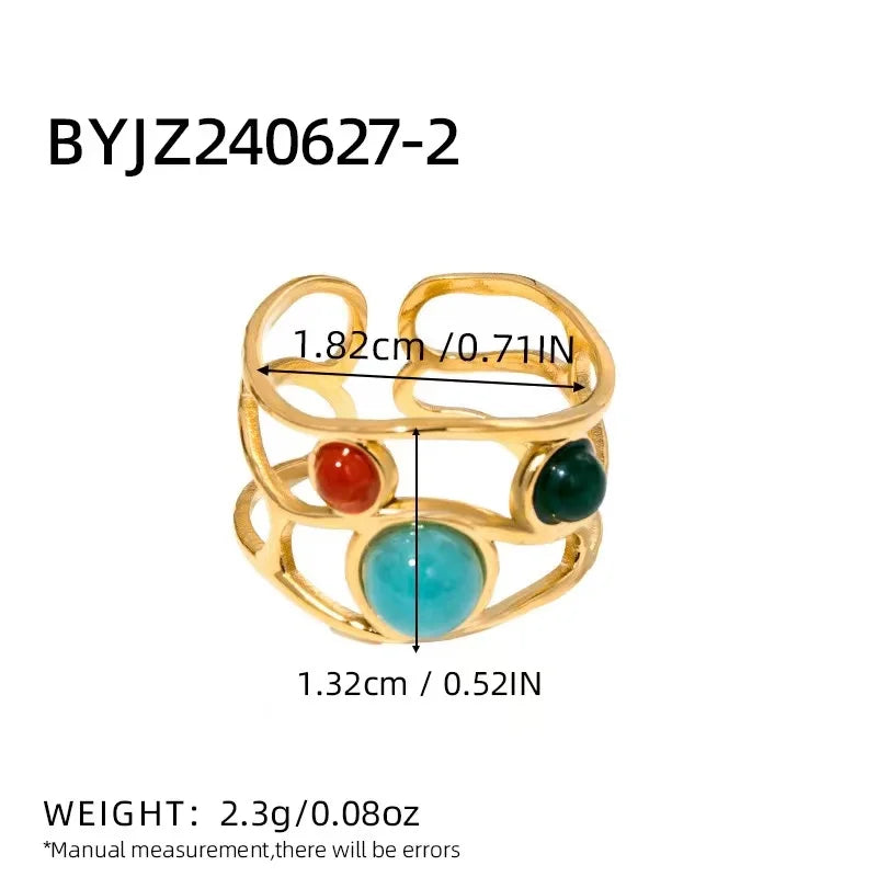 خاتم أنيق من الفولاذ المقاوم للصدأ مرصع بحجر الفيروز الأخضر الطبيعي والمالاكيت، قطعة مجوهرات صيفية كبيرة بتصميم بوهيمي للنساء