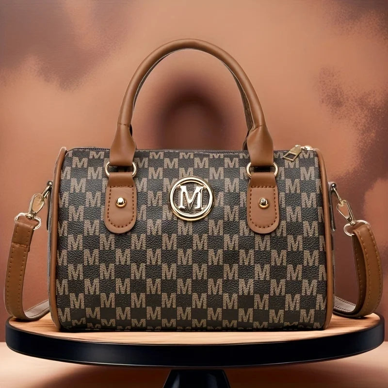 حقيبة كتف نسائية صغيرة بتصميم حرف "M" ذهبي، مصنوعة من الجلد الصناعي، مناسبة للعمل والسفر والحفلات والهدايا