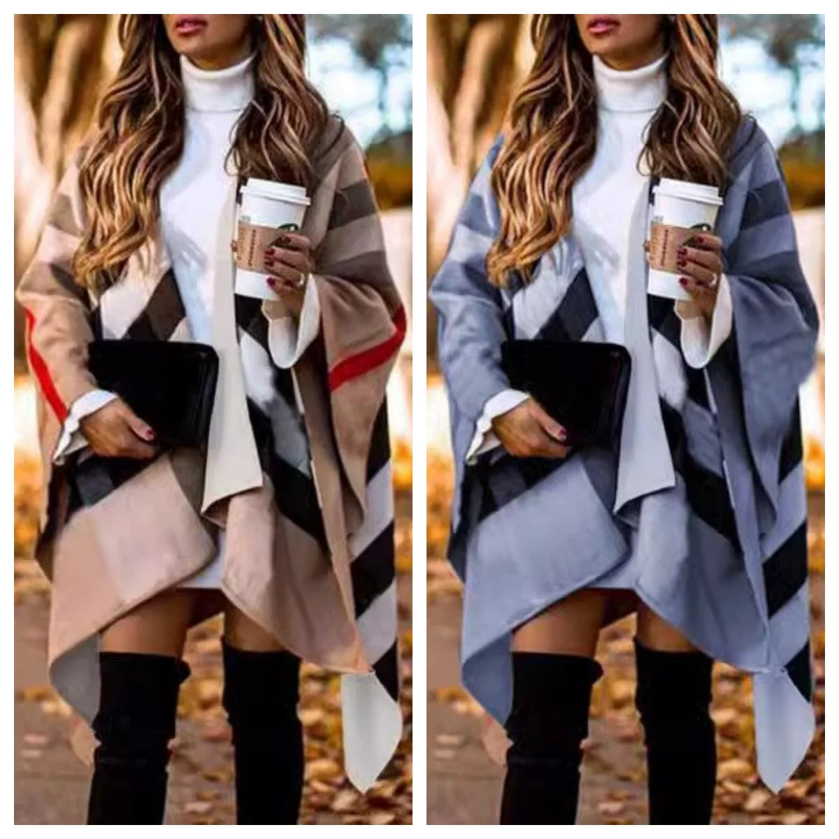 معطف نسائي أنيق بأكمام منفوشة بتصميم جناح الخفاش، مناسب للخريف والشتاء، محبوك بألوان متعددة، وشاح غير منتظم