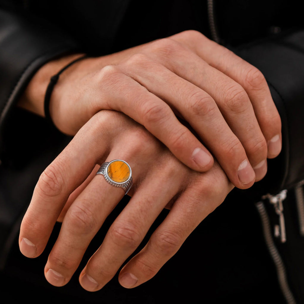 خاتم فينوكس ذو رأس مستدير مرصع بحجر عين النمر للرجال والفتيان، خاتم من الفولاذ المقاوم للصدأ، خاتم رجالي ضخم بتصميم بانك