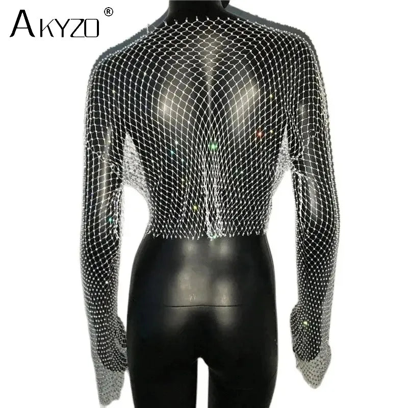 تي شيرت نسائي خريفي مثير شفاف من خلال شبكة صيد السمك مع أحجار الراين اللامعة وشبكة مجوفة بأكمام طويلة وقمصان قصيرة للحفلات الليلية والمهرجانات