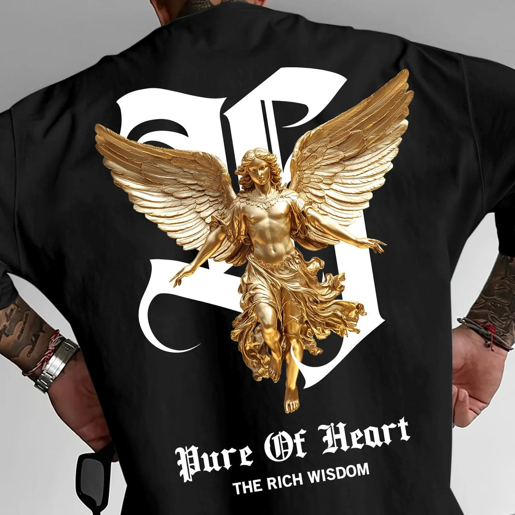 تيشيرت رجالي صيفي عصري مصنوع من القطن الخالص 100%، بتصميم فضفاض وطبعة حروف ونقشة ملاك، وياقة دائرية وأكمام قصيرة.