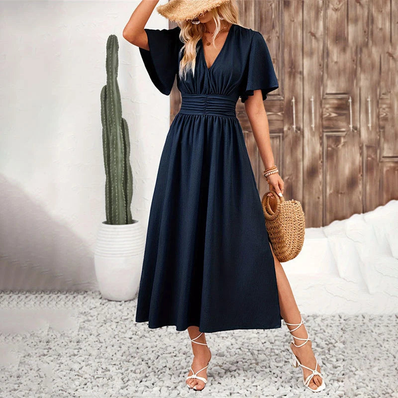 Women V-Neck Ruffled Short Sleeve Dress Elegant Elastic Waist Split Pleated Maxi Vestidos Beach Vocation Female Casual Long Robe