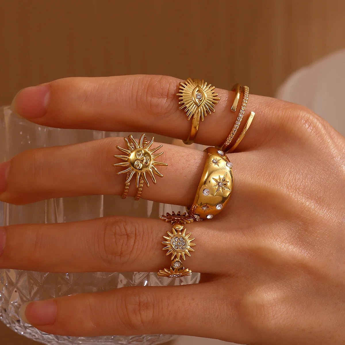 خواتم صغيرة من الزركون من الفولاذ المقاوم للصدأ للنساء، خاتم ذهبي اللون رائع بتصميم الشمس، طبقتين، إكسسوار بانك هيب هوب، هدية مجوهرات