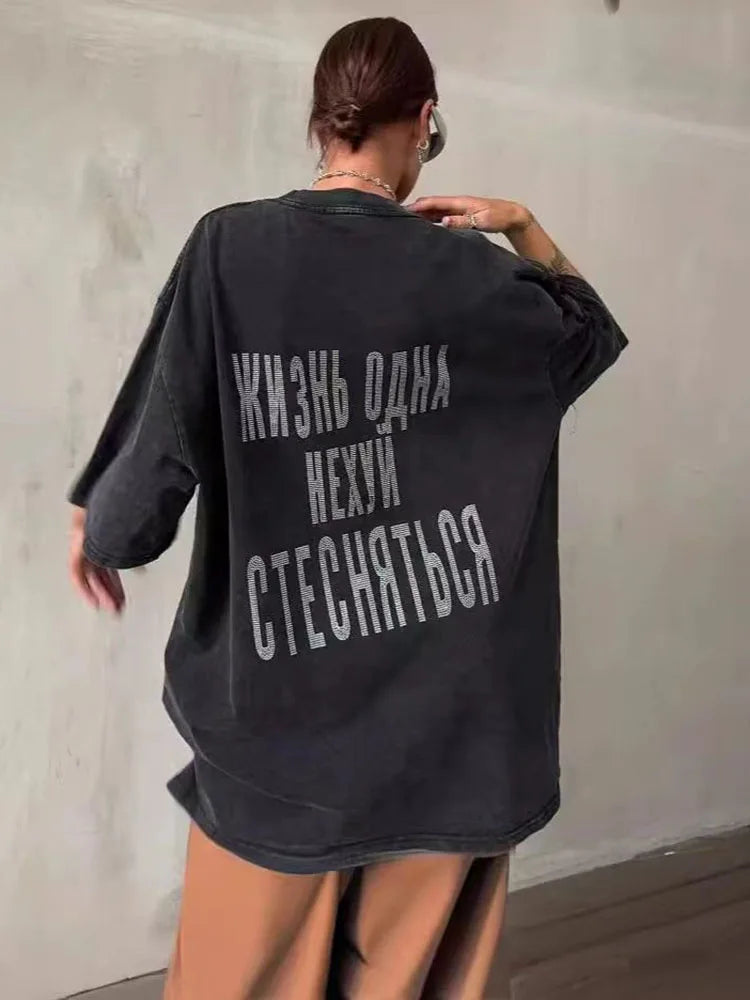 تي شيرت صيفي كبير الحجم كاجوال من الألماس، تي شيرت فضفاض من هاراجوكو، تي شيرت مطبوع عليه حروف للنساء