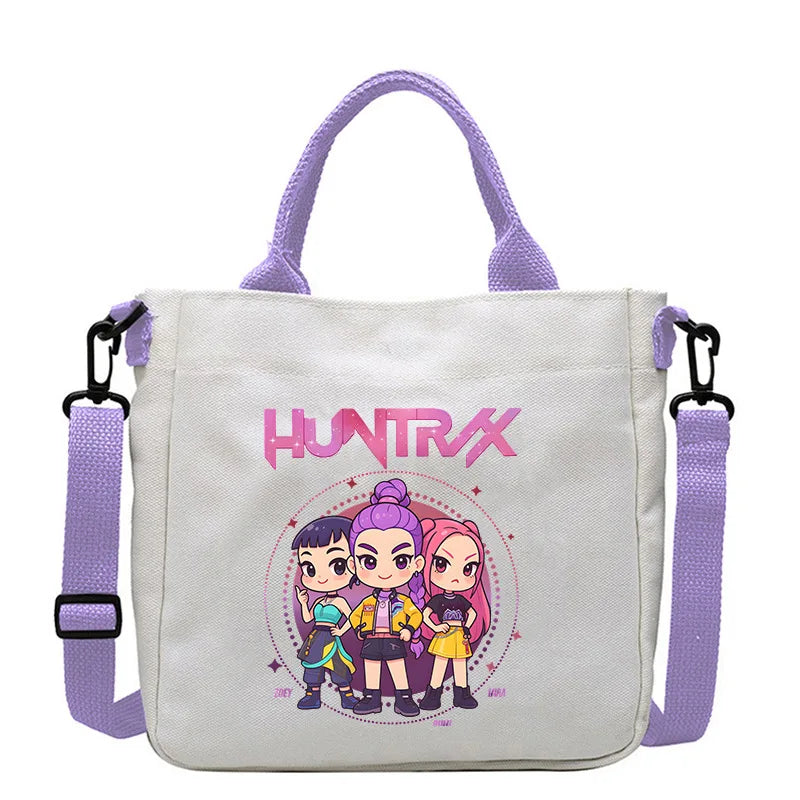 حقيبة قماشية للفتيات بتصميم صيادي أنمي شياطين من كيبوب، حقيبة يد مربعة أرجوانية بسيطة، حقيبة كتف متقاطعة، هدية عيد ميلاد