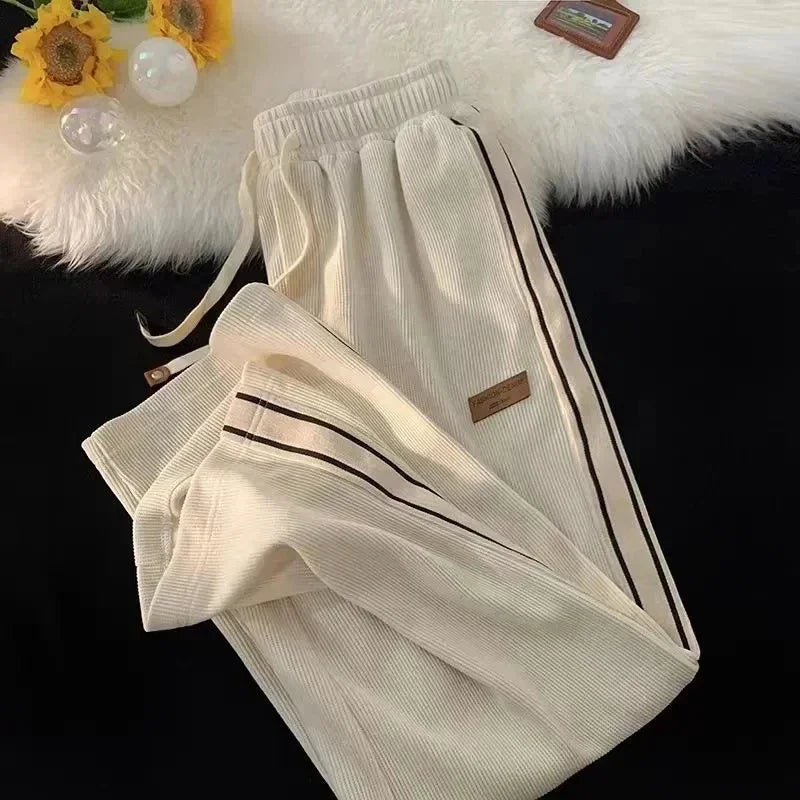 Men's spring and autumn side striped loose straight sports pants, high street ruff handsome corduroy casual pants