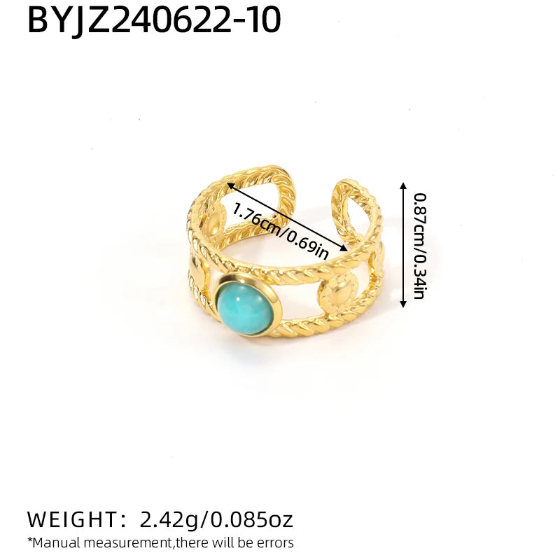 خاتم أنيق من الفولاذ المقاوم للصدأ مرصع بحجر الفيروز الأخضر الطبيعي والمالاكيت، قطعة مجوهرات صيفية كبيرة بتصميم بوهيمي للنساء