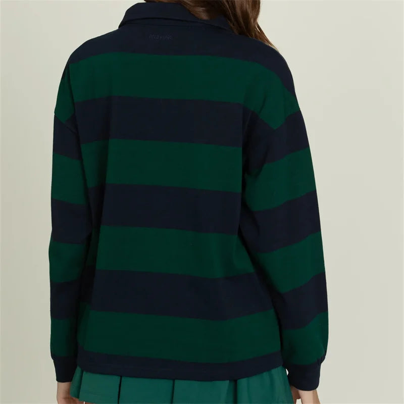 تي شيرت نسائي Y2K مخطط بألوان متباينة مع أزرار وياقة مطوية وأكمام طويلة من قماش الجيرسي الفضفاض