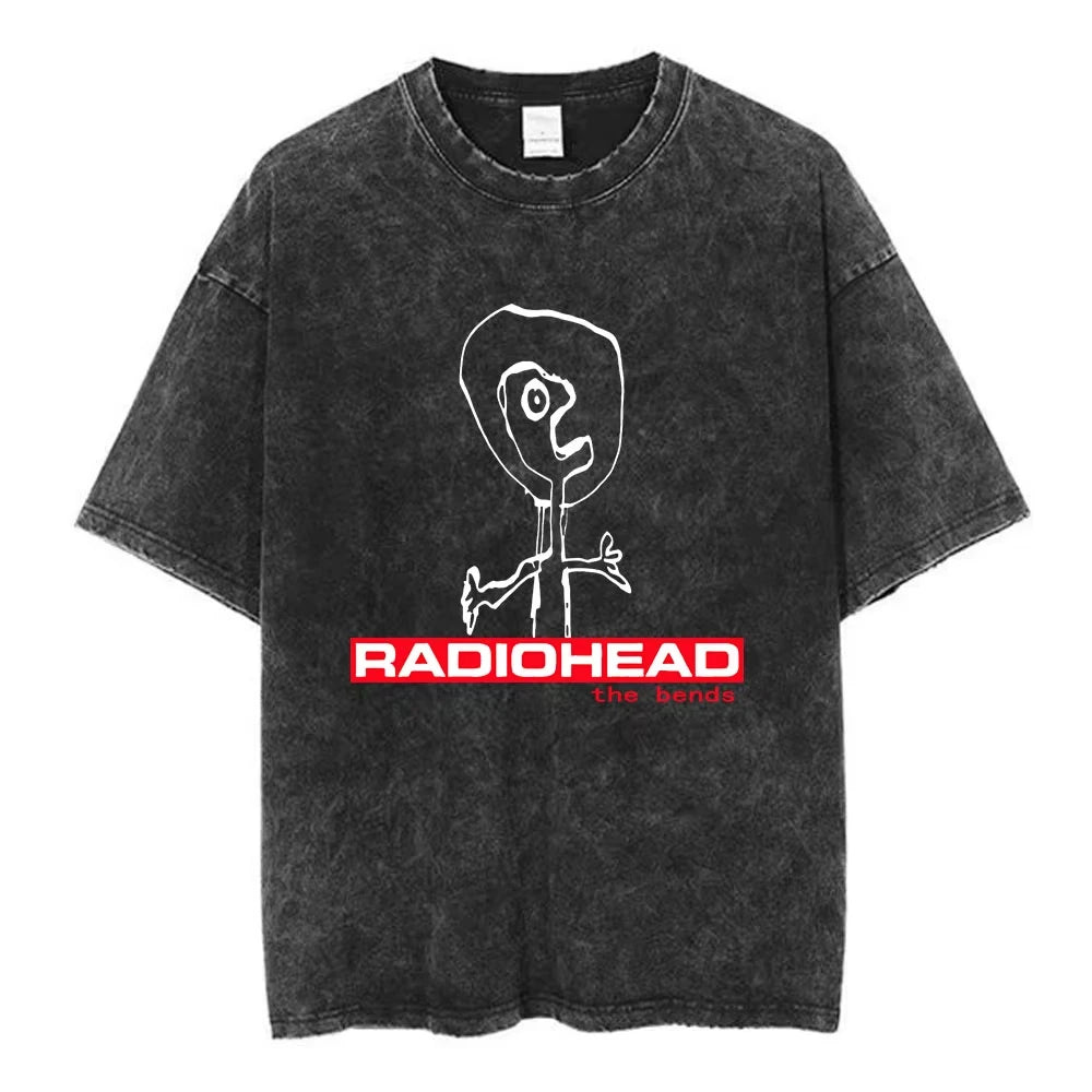 تي شيرت Radiohead Rock Band OK Computer Vintage Washed للرجال والنساء تي شيرتات هيب هوب عصرية 100% قطن تي شيرتات كاجوال ملابس الشارع