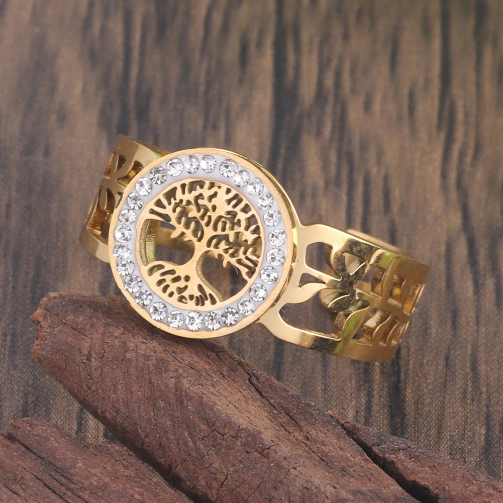 خاتم نسائي من الفولاذ المقاوم للصدأ من كرينج كوكو، قابل للتعديل، بتصميم شجرة الحياة، مرصع بأحجار الراين، خاتم أنيق للمواعدة للنساء