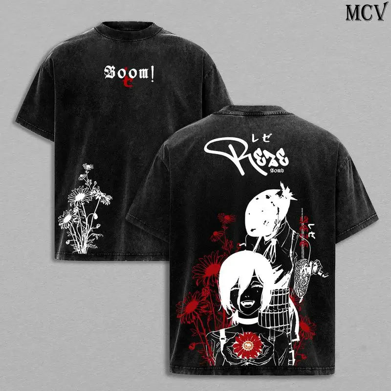 تي شيرت رجالي ونسائي مطبوع عليه صورة فيلم أنمي جديد، رجل المنشار، Reze Rrc، مقاس كبير، بتصميم عتيق، بأكمام قصيرة فضفاضة، مطبوع عليه رسوم متحركة ومانجا