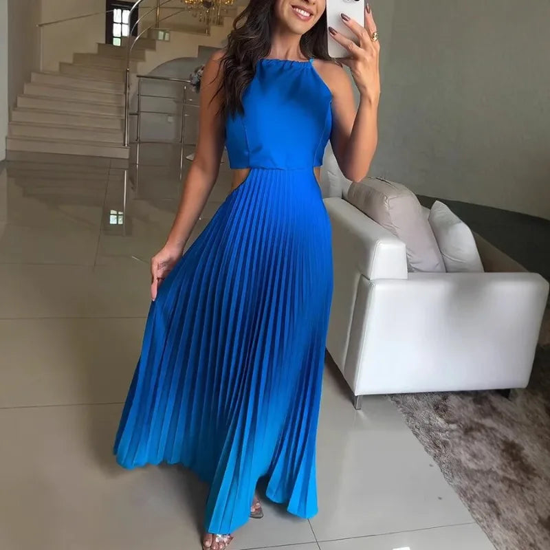 2025 Women Summer Party Dress Elegant Sleeveless Backless Halter Hollow Out Folds Long Dress Ceremoney Birthday Evening Dress