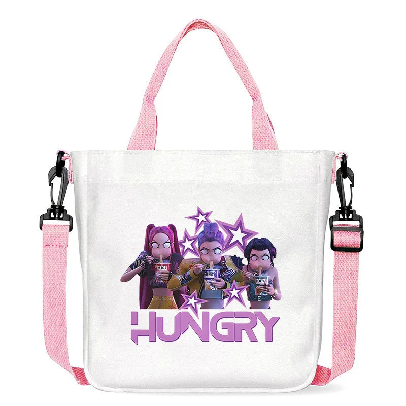 حقيبة قماشية جديدة من KPop Demon Hunters للفتيات، حقيبة يد مربعة أرجوانية بسيطة، حقيبة حمل، حقيبة كتف، هدية عيد ميلاد