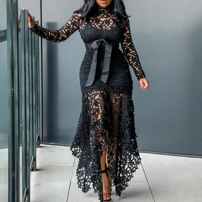Ladies Elegant Lace Maxi Dress Women Wedding Evening Party Bodycon Long Sleeve Dresses Plus Size Fashion