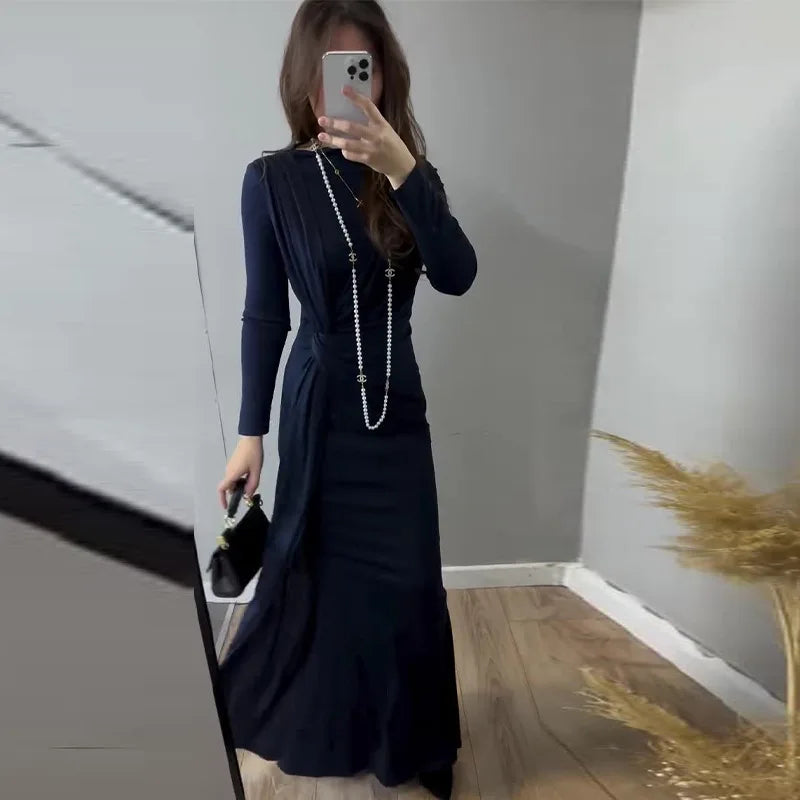 Elegant Long Sleeve Solid Color Dress for Women Autumn New European And American Fashion Solid Color Women's Dress