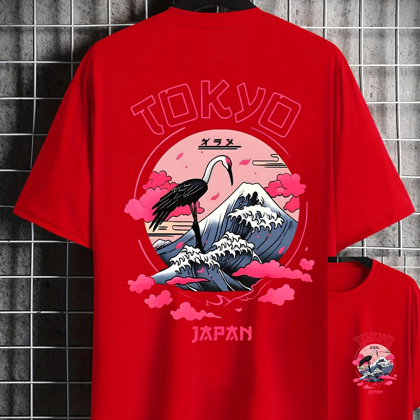 تيشيرت رجالي صيفي مصنوع من القطن الخالص بنسبة 100%، بنقشة طوكيو العصرية، فضفاض، بياقة دائرية وأكمام قصيرة.