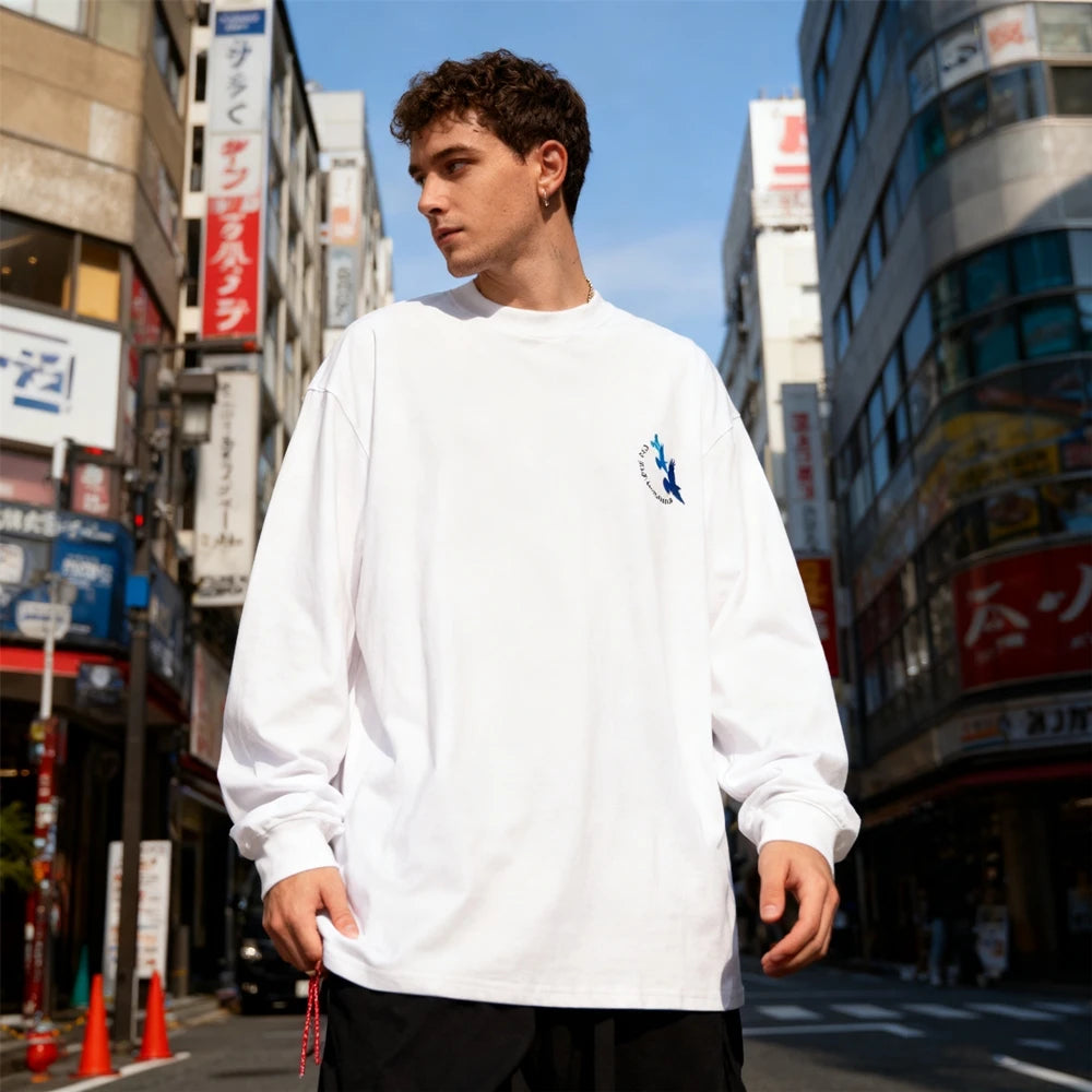 KUCLUT 300GSM 1:1 Japanese Style Streetwear Best Quality Printed Long Sleeves Tee Oversize Loose Tops Casual T Shirt Men Woman