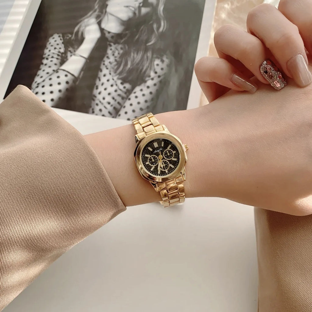 ساعة يد نسائية فاخرة بتصميم دائري، سوار من الفولاذ الذهبي، تعمل بالكوارتز، ساعة يد ذهبية أنيقة للنساء.