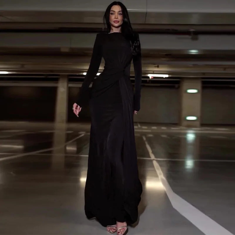 Elegant Long Sleeve Solid Color Dress for Women Autumn New European And American Fashion Solid Color Women's Dress