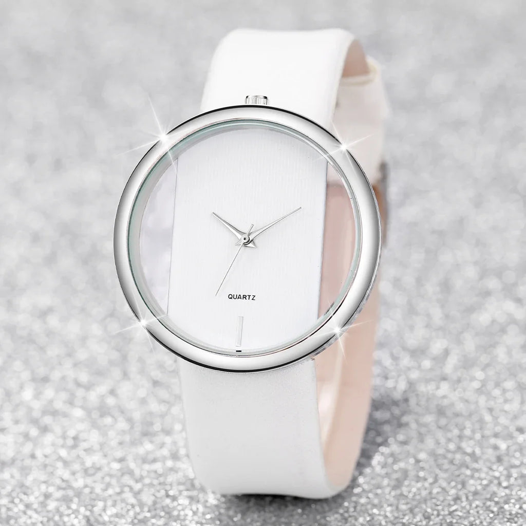 طقم سوار ساعة أنيق مكون من قطعتين، أبيض اللون، بتصميم بسيط، مرصع بأحجار الراين واللؤلؤ، مناسب لساعات الكوارتز النسائية.