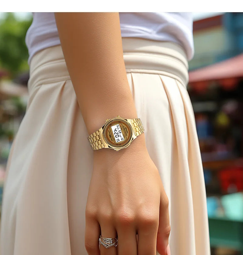 ساعة يد نسائية إلكترونية LED عصرية بحزام من الفولاذ المقاوم للصدأ، ساعة يد نسائية LED رقمية متعددة الوظائف