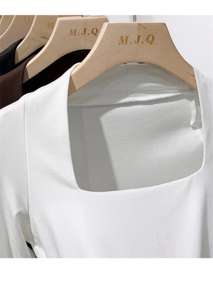 تي شيرت نسائي مرن تي شيرت صيفي ملابس نسائية قميص ربيعي مثير تي شيرت نحيف نسائي قطني بأكمام طويلة قطع علوية قصيرة