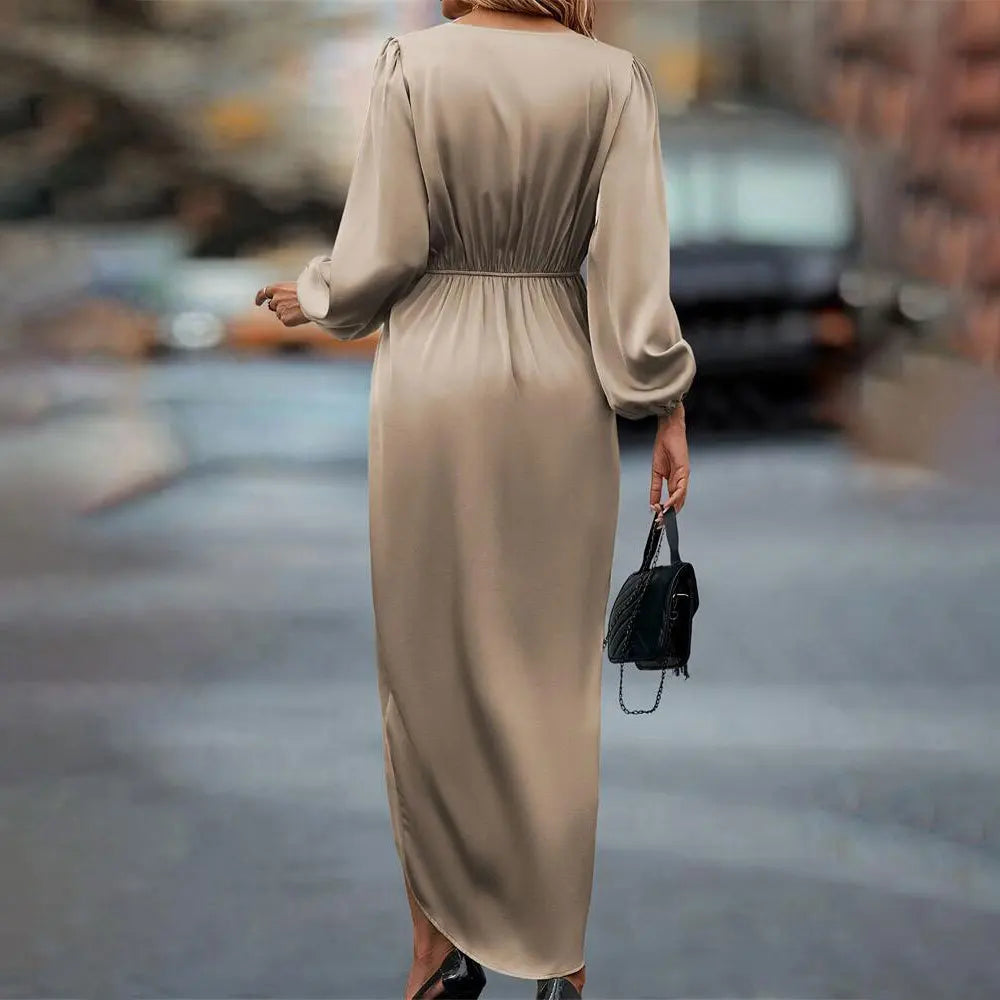Elegant Women's Maxi Dress Cross V-neck Folded Pleated Slit Puff Sleeves Irregular Long Sleeves Dresses