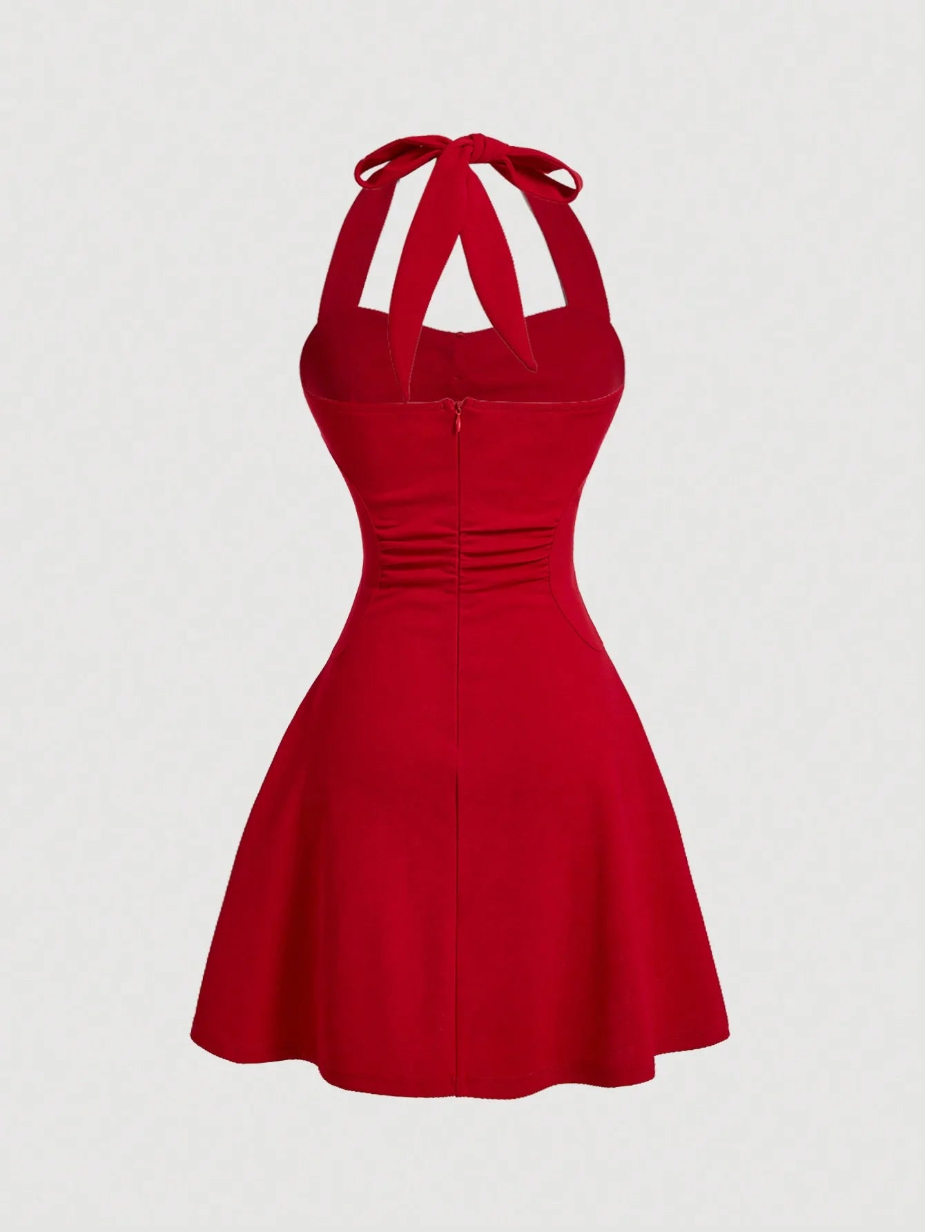 Red Bow Halter Dress Female New Autumn Spice Girl Pleatedming Solid Color Dress