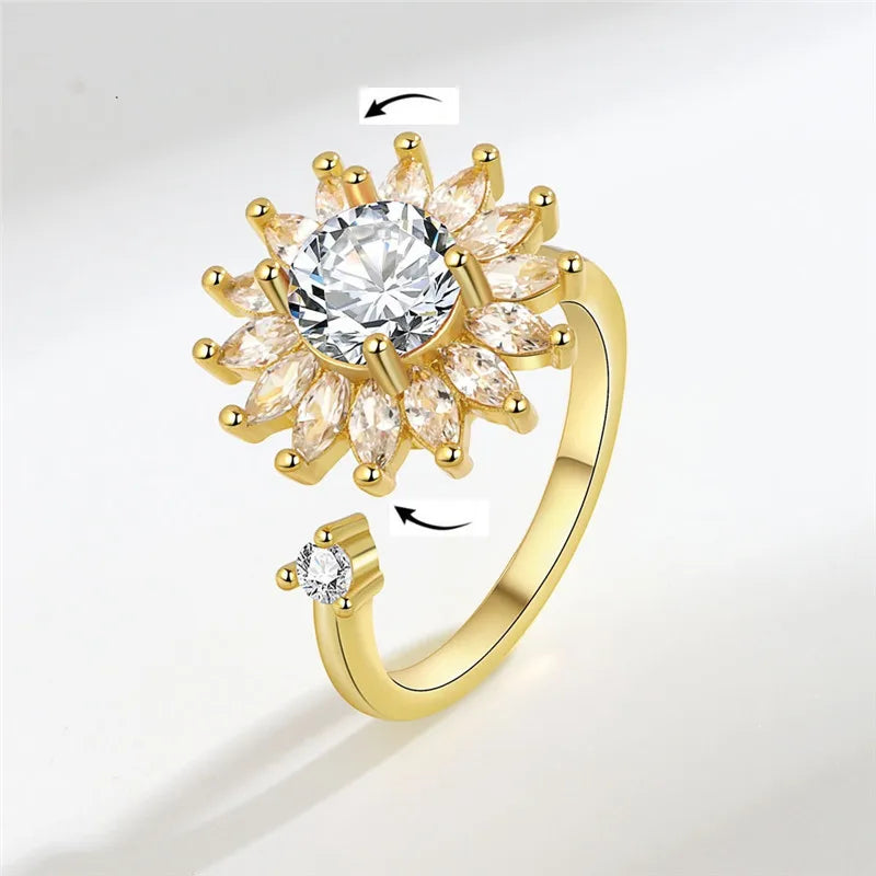 خاتم سبينر أنيق للنساء، متعدد الكريستالات على شكل زهرة عباد الشمس، خواتم أصابع دوارة مضادة للتوتر، هدية زفاف
