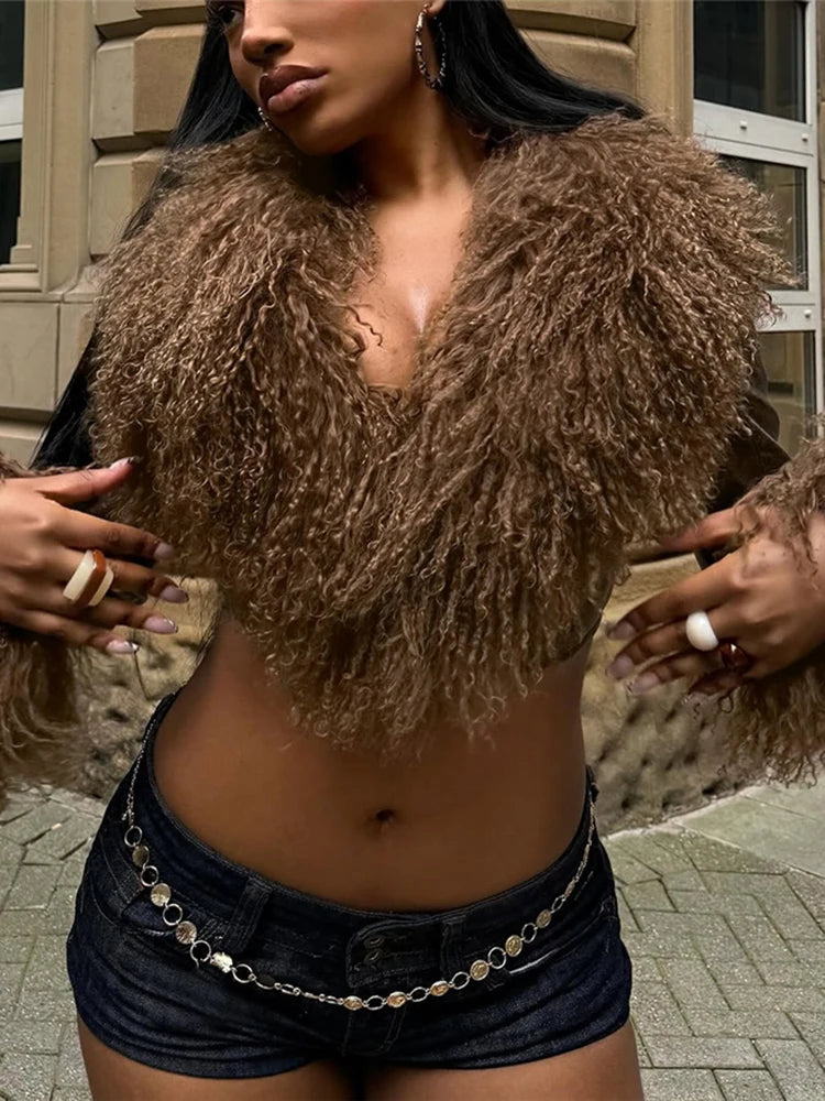 بلوزة قصيرة نسائية من الفرو الغريب بفتحة رقبة على شكل حرف V من البولي يوريثان، أساسية مثيرة، ملابس النادي، بأكمام طويلة، شتوية، مناسبة لـ Y2K