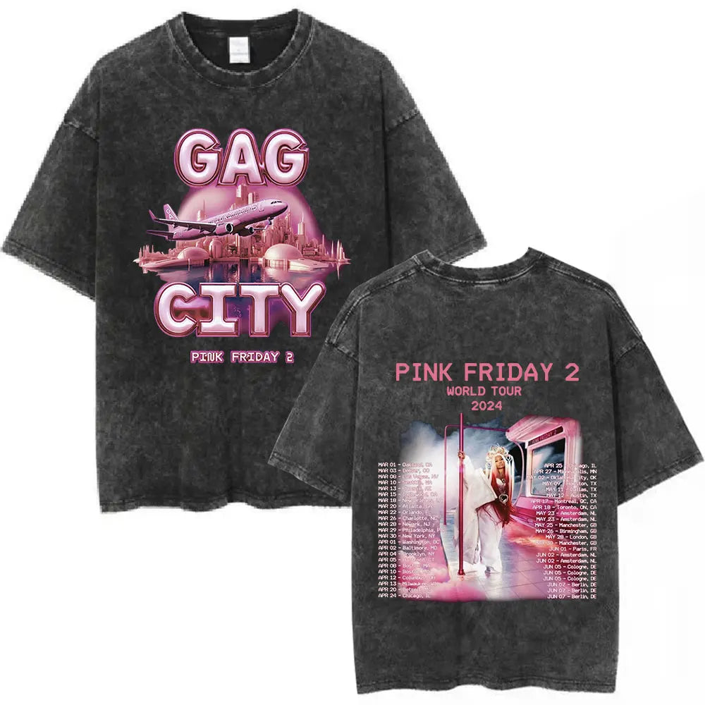 تي شيرت نيكي ميناج بينك فرايداي 2 وورلد تور القديم المغسول للرجال والنساء من القطن غير الرسمي فضفاض وكبير الحجم هدية للمعجبين ملابس الشارع