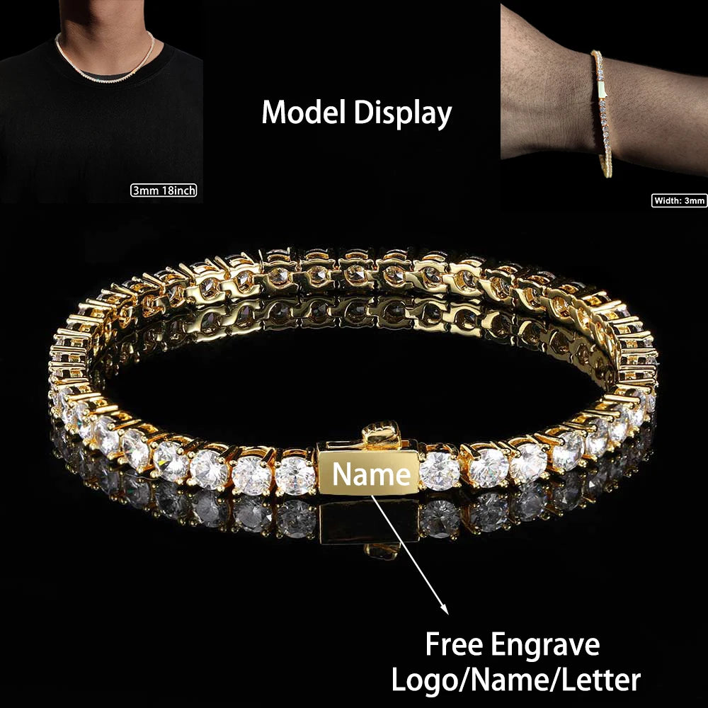 قلادة من مادة النحاس والزركون اللامع بطول 3 مم و4 مم و5 مم، سلسلة تنس من صف واحد، للرجال والنساء، مجوهرات مثلجة، نقش مجاني للاسم