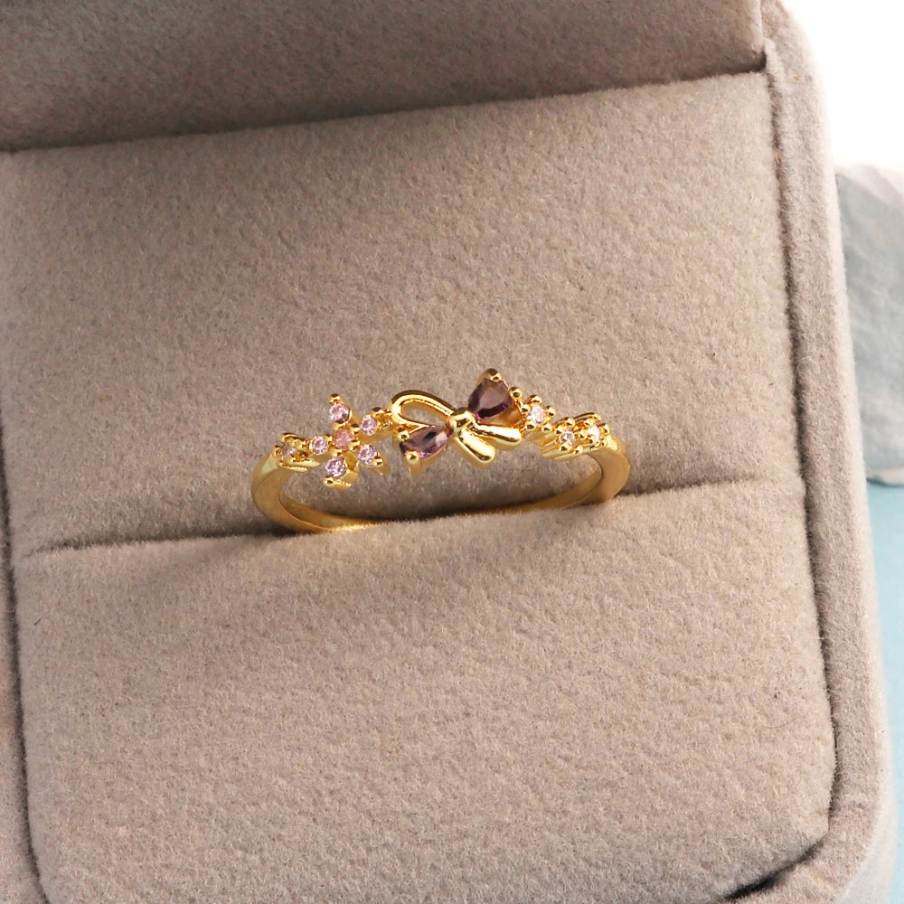 خواتم زهور مرصعة بالزركون المكعب بألوان زاهية ومتألقة للنساء، خاتم فاخر مزين بفيونكة من الزركون الوردي، مجوهرات زفاف للزوجة والصديقة