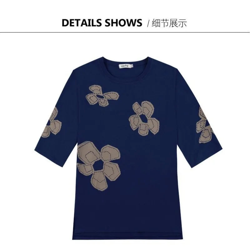 تيشيرت نسائي أنيق برقبة دائرية وأكمام متوسطة، فضفاض، مطبوع، بأكمام ثلاثة أرباع، قطعة علوية أنيقة ومتعددة الاستخدامات