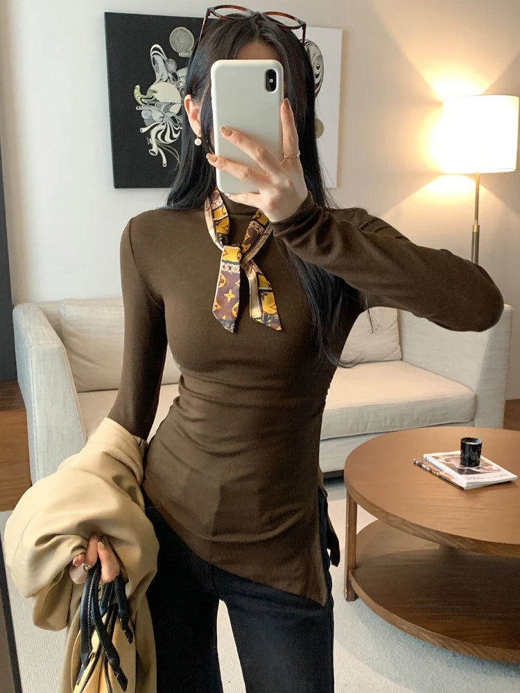 تي شيرت AOSSVIAO الأساسي ذو الياقة المدورة والملائم للجسم بأكمام طويلة على الطراز الكوري متعدد الاستخدامات للفتيات المثيرات، تي شيرتات نسائية عصرية سادة